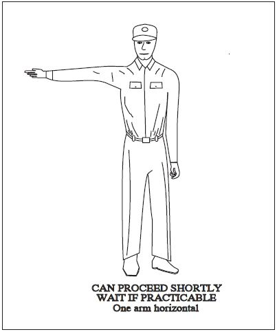 A graphic depicting the body signal to use when can proceed shortly. One arm horizontal.