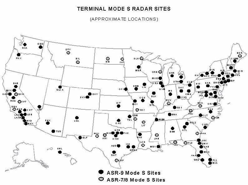 A graphic depicting the approximate locations of the terminal Mode S radar sites.
