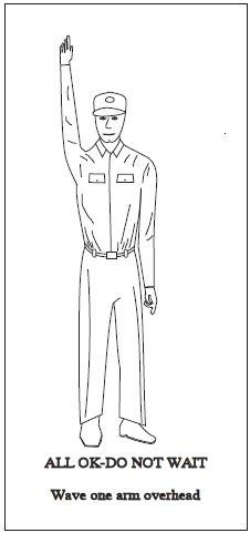 A graphic depicting the body signal to use when all OK. Wave one arm overhead.