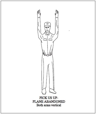 A graphic depicting the body signal for pick us up - plane abandoned. Both arms vertical.