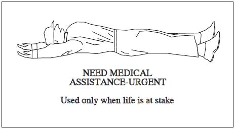 A graphic depicting the body signal to use when urgent medical assistant is needed. Used only when life is at stake.