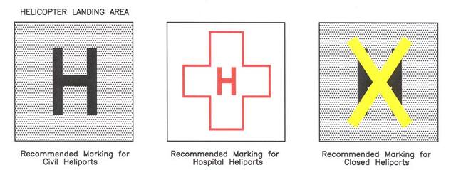 A graphic depicting the markings to identify a helicopter landing areas. this includes the recommended marking for civil heliports, hospital heliports, and closed heliports.