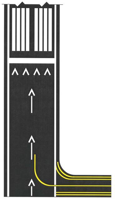 A graphic depicting displaced threshold markings on a runway.