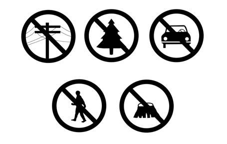 A graphic depicting landing zone hazards such as people, vehicles, trees, poles and wires, and stumps and brush.