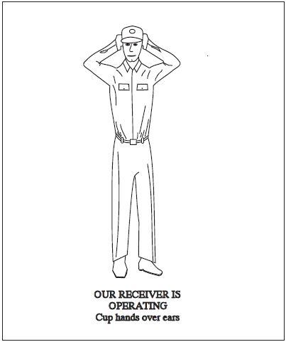 A graphic depicting the body signal for our receiver is operating. Cup hands over ears.