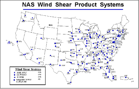 A graphic depicting the location of NAS Wind Shear Product Systems.