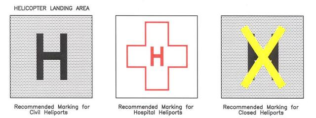A graphic depicting the markings to identify a helicopter landing areas. this includes the recommended marking for civil heliports, hospital heliports, and closed heliports.