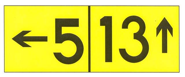 A graphic depicting a destination sign for different taxiing routes to two runways.