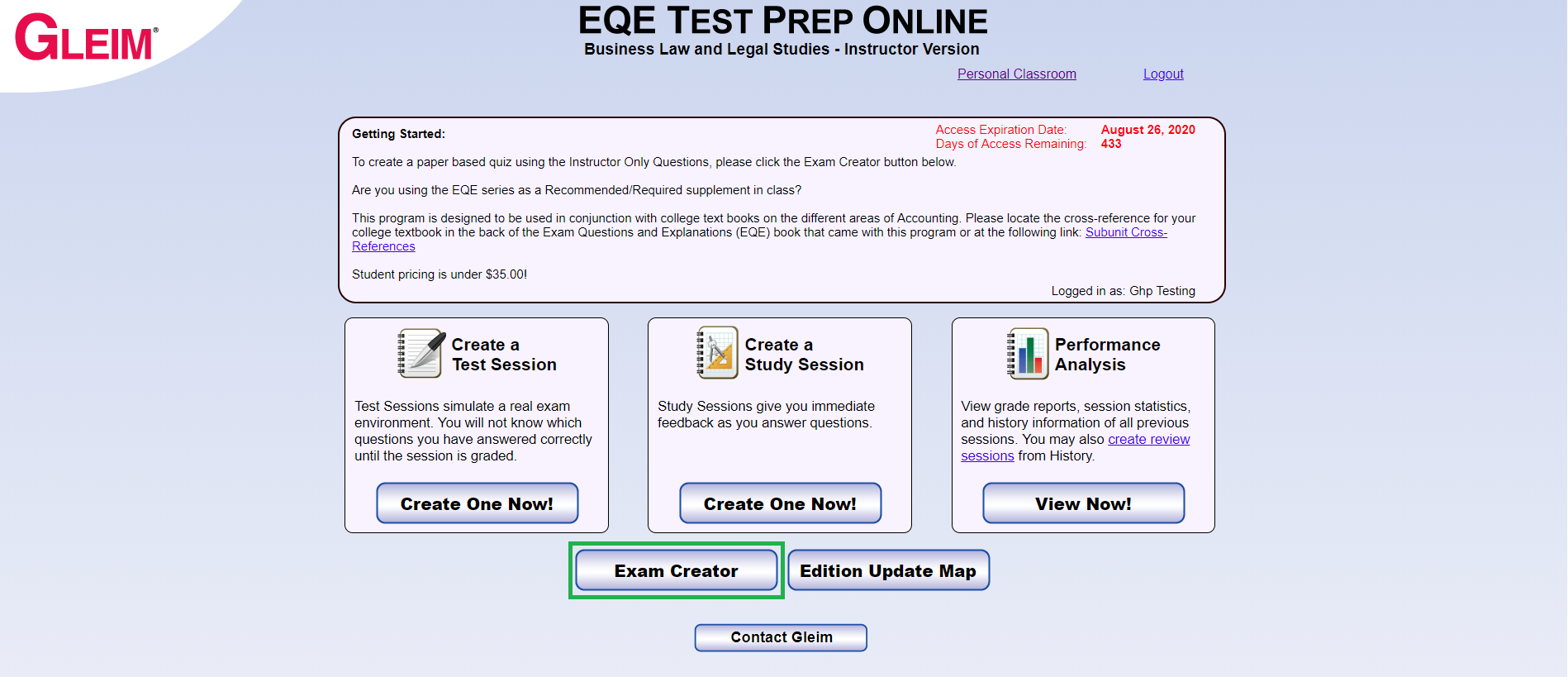 Test Prep Online Main Screen