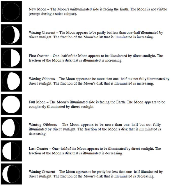 A graphic depicting the 8 stages of the moon: new moon, waxing crescent, first quarter, waxing gibbous, full moon, waning gibbous, last quarter, and waning crescent.