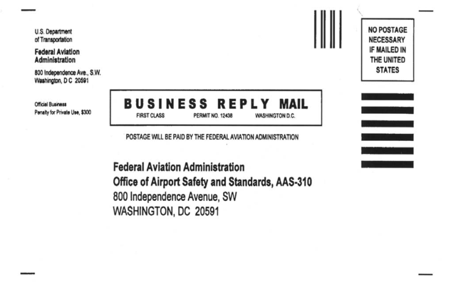 A picture of the business reply mail to use to send in the Bird/Other Wildlife Strike Report.