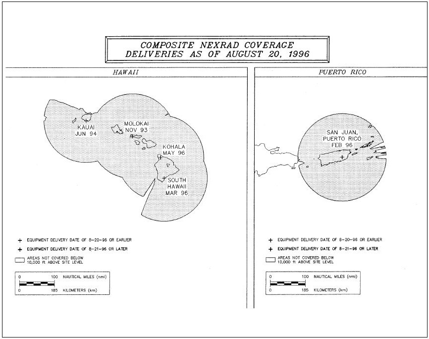 A graphic depicting the NEXRAD coverage in Hawaii and Puerto Rico as of August 20, 1996.