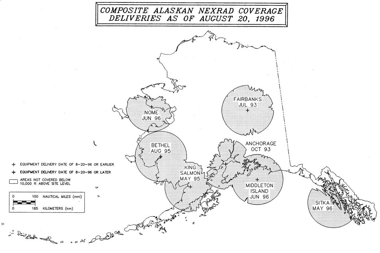 A graphic depicting the NEXRAD coverage in Alaska as of August 20, 1996.