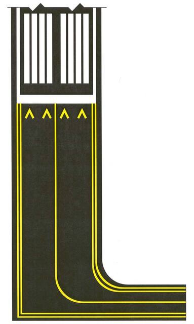 A graphic depicting a relocation of a threshold with markings for taxiway aligned with runway.