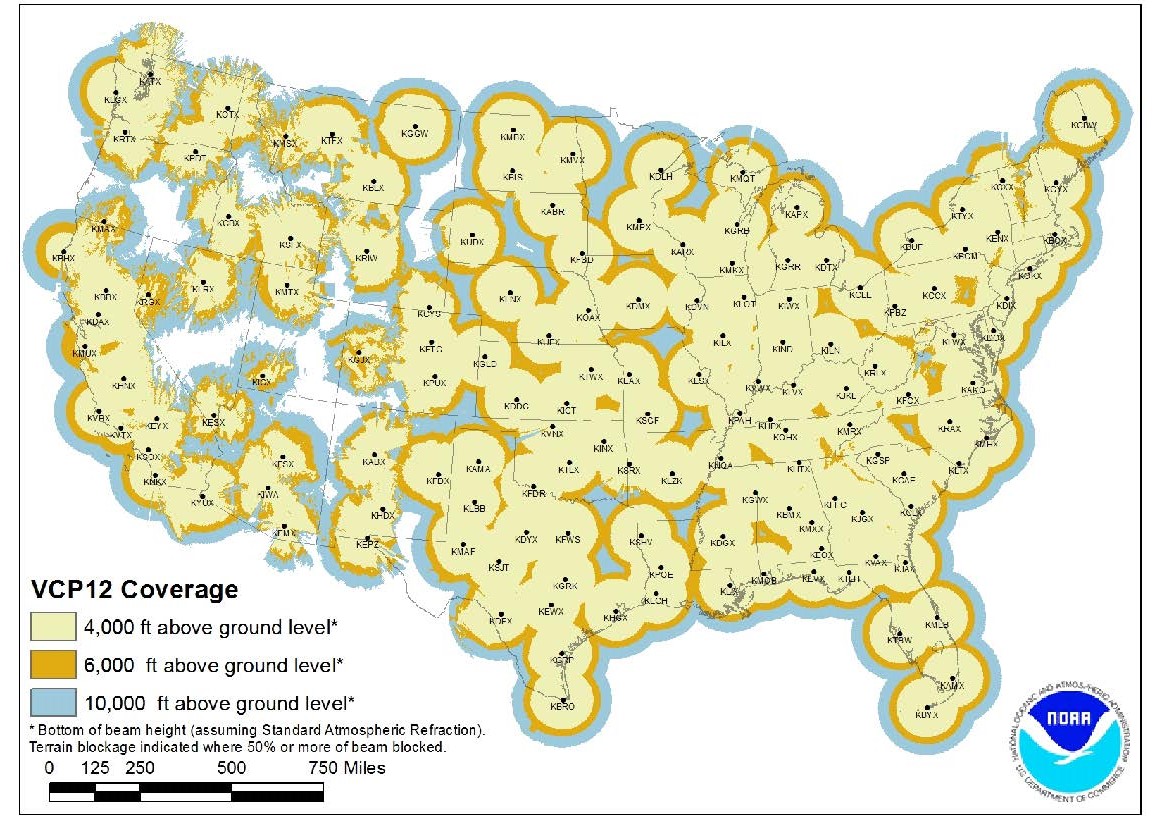 A graphic depicting the NEXRAD Coverage in the conterminous United States.