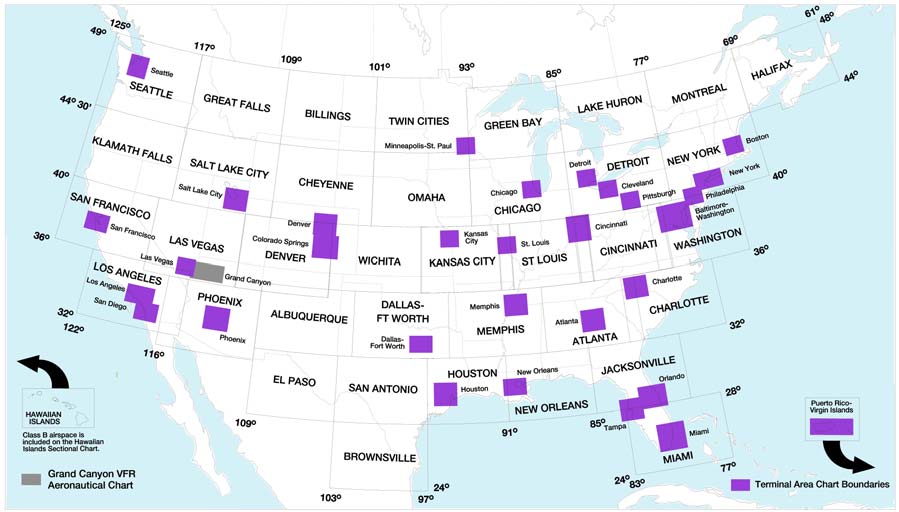 A graphic depicting the sectional and VFR terminal are charts for the conterminous U.S., Hawaii, Puerto Rico, and Virgin islands.