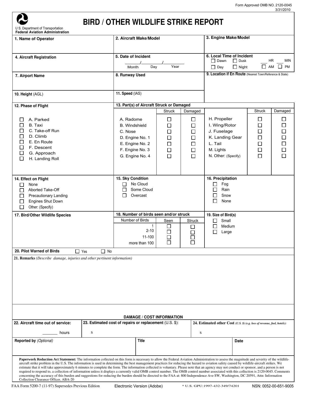 A picture of FAA Form 5200-7 which pilots use to report bird strikes and other wildlife strikes.