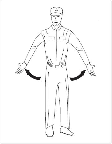 A graphic depicting the hand signal to pull chocks.