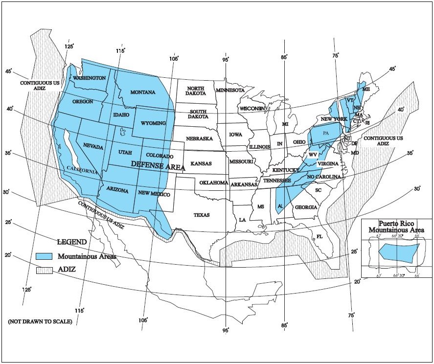 A graphic depicting the designated mountainous areas within the air defense identification zone boundaries.