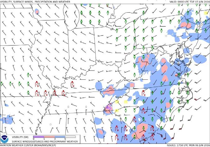 A graphic from the AWC depicting visibility, weather phenomena, and winds.