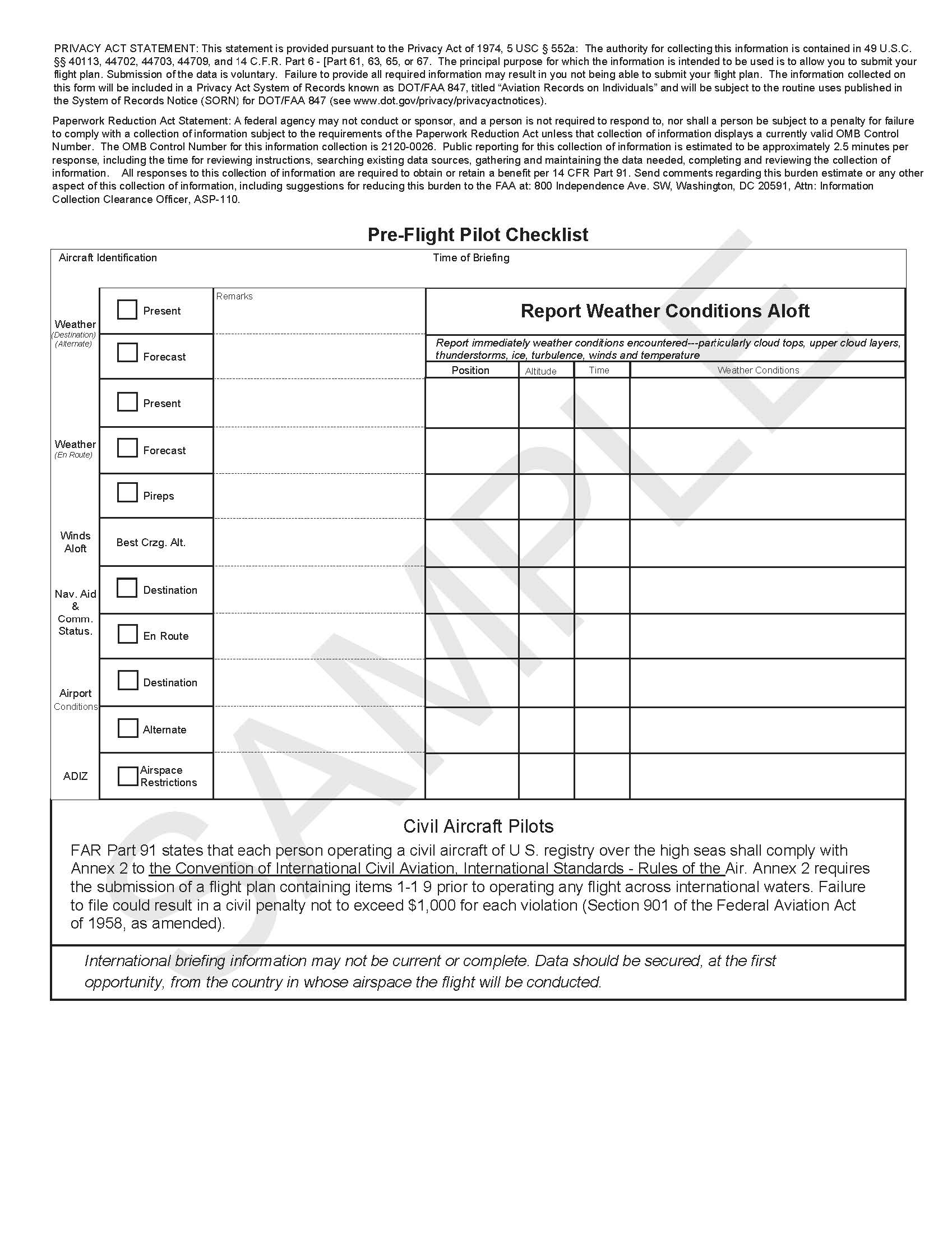 A graphic depicting a Blank FAA FORM 7233−4, Pre−Flight Pilot Checklist.