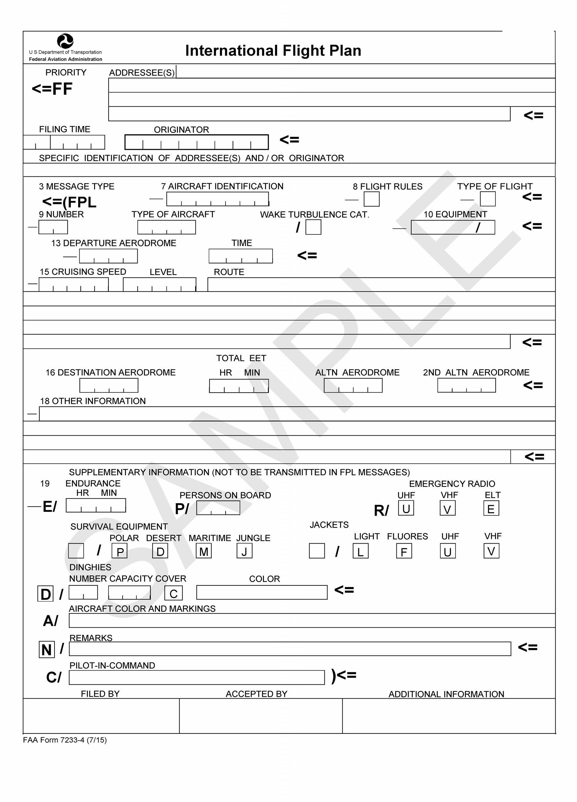 A graphic depicting a Sample FAA FORM 7233−4, INTERNATIONAL FLIGHT PLAN.