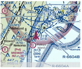 A graphic depicting space launch and reentry area on a sectional chart.