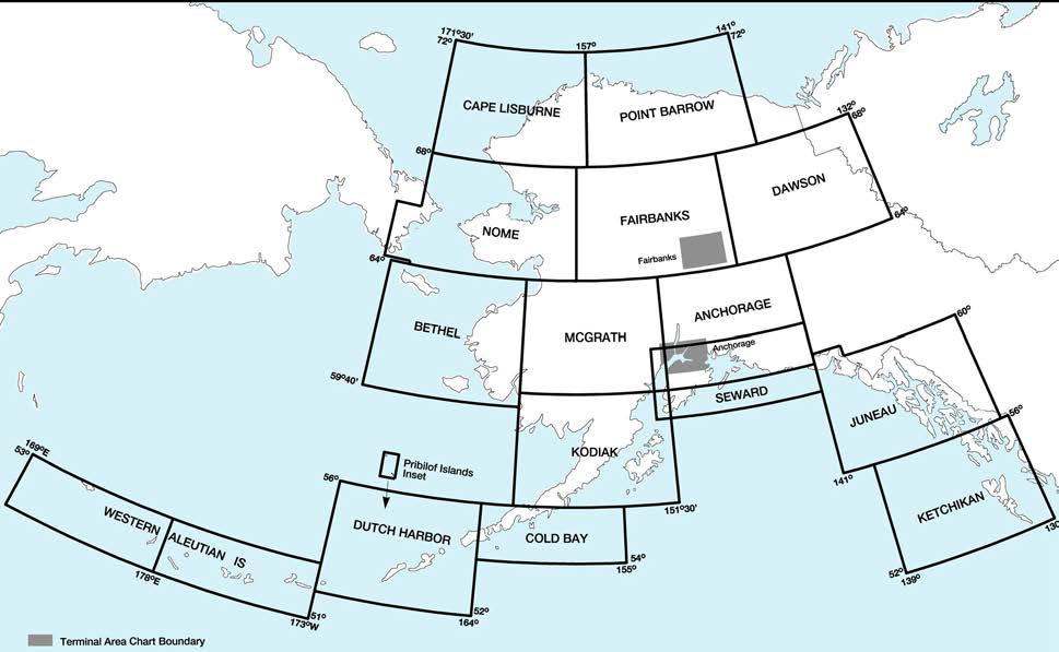 A graphic depicting the sectional and VFR Terminal area charts for Alaska.
