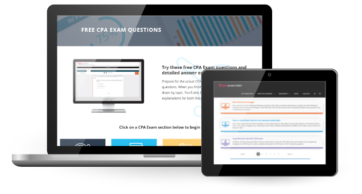 Laptop showing Gleim CPA Exam free questions and tablet showing our free CPA Exam webinars.