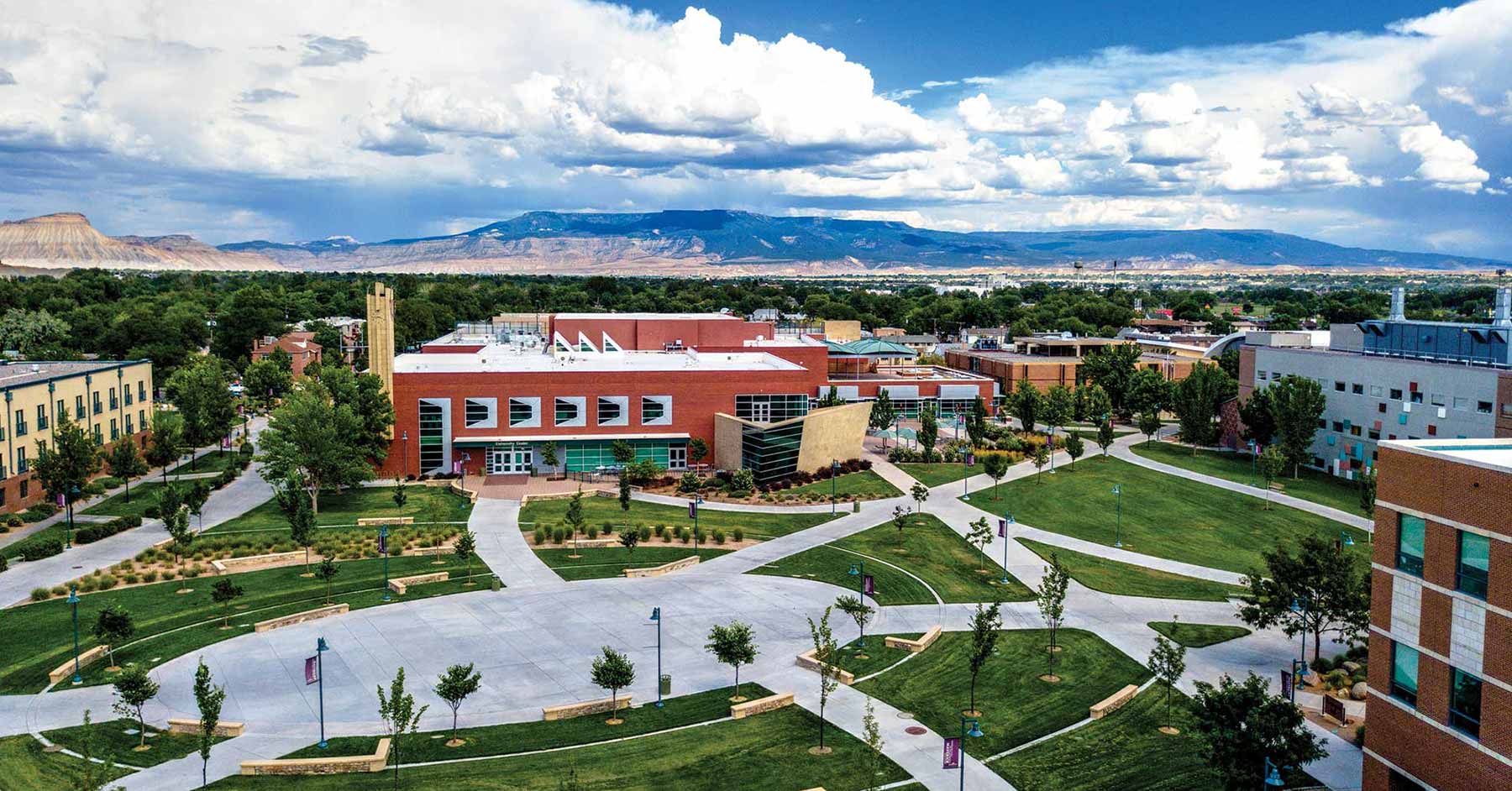 Aerial view of Colorado Mesa University, Grand Junction, Colorado.