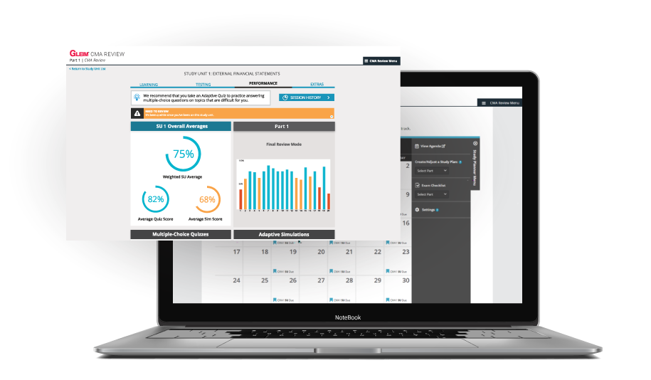 Laptop showing the Gleim Study Planner and performance analysis. The SmartAdapt Review is another reason why Gleim is the number 1 review course.