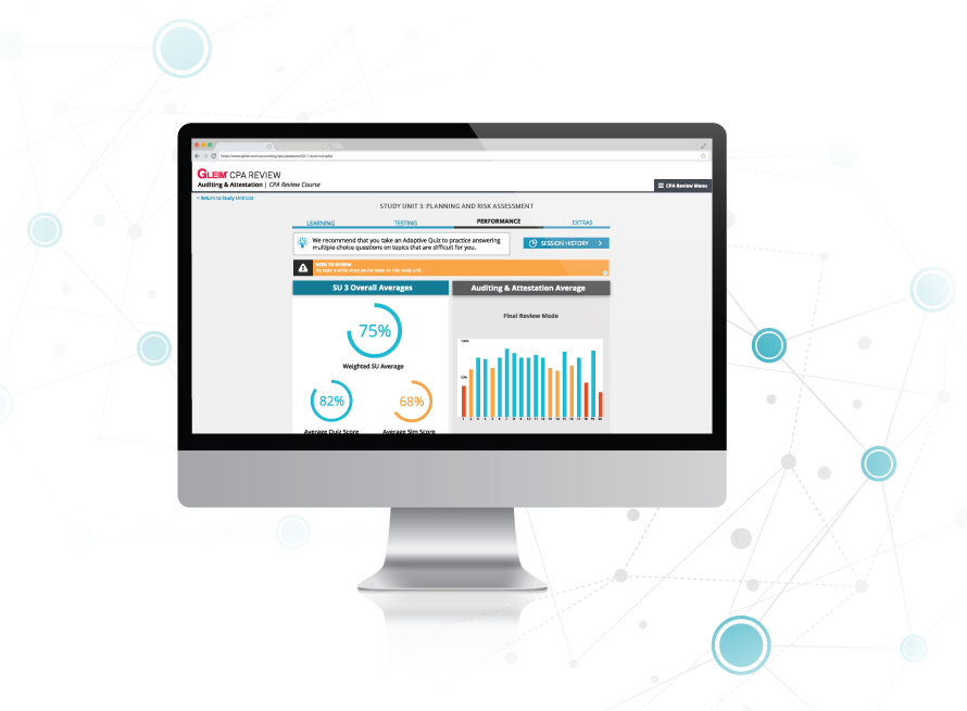 Sample image of Gleim's SmartAdaptTM System at work, showing progress and recent quiz scores.