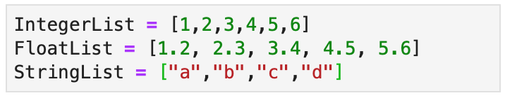 Example of lists of data types such as integers, floating numbers, and strings.