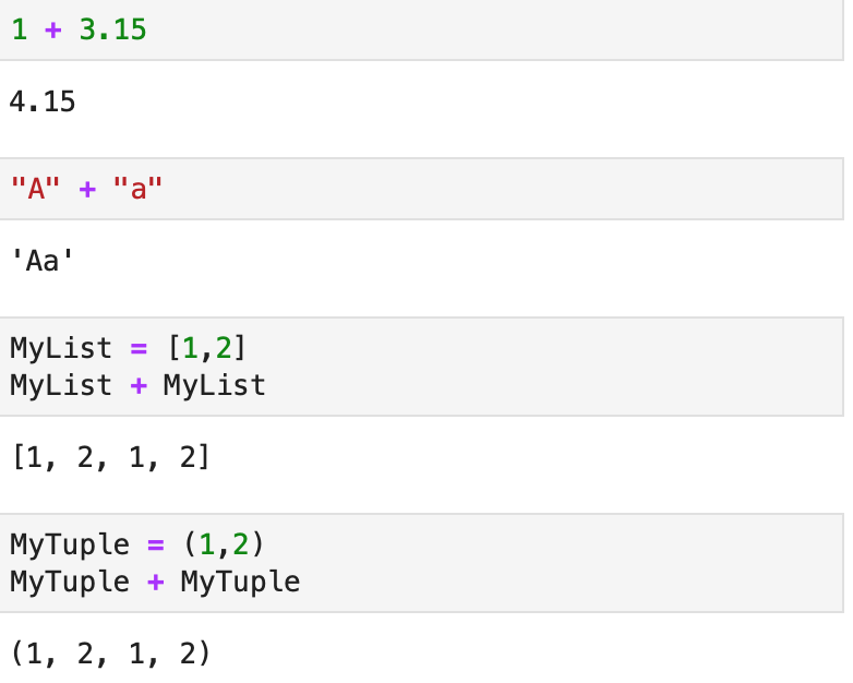 Examples of addition being used on various data types, including sequences and strings.