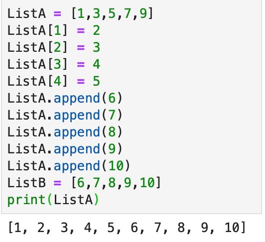 Solving the example using the append function. Changing the elements in the list and then adding the new ones.
