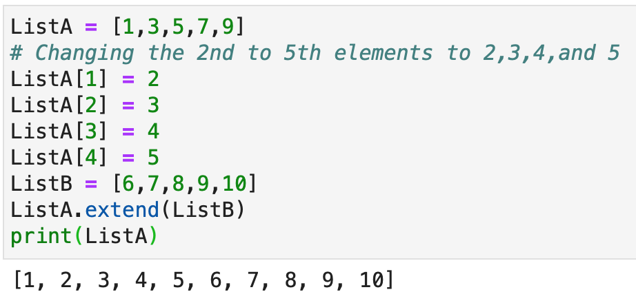 Solving the example using extend. Changing the current list so the elements match, then adding the additional elements.