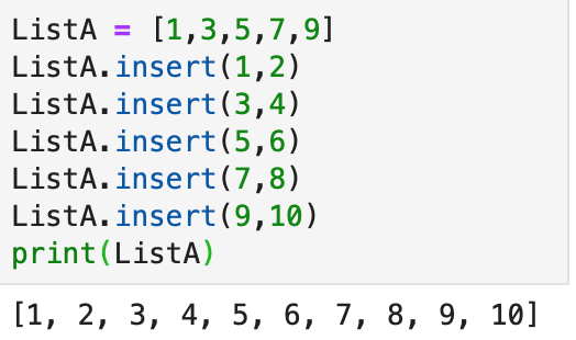 Solving the example using the insert function, adding the missing numbers at each entry.