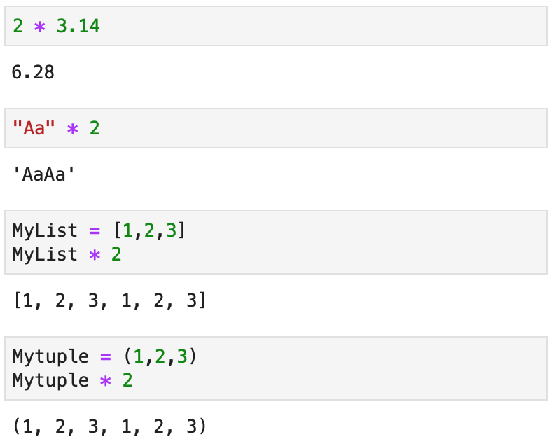 Example of using multiplication in Python on various data types, including sequences and strings.
