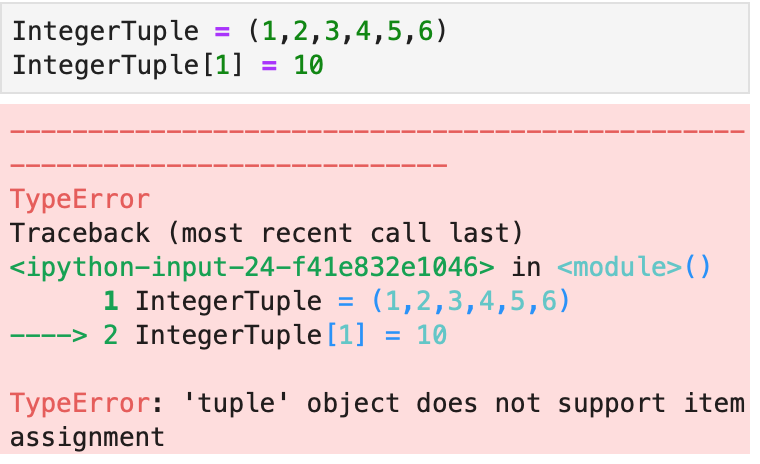Trying to change elements in a tuple results in an error.