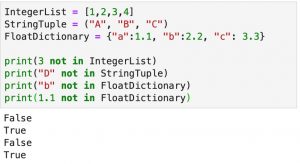 An example of using the "not in" operator to see if a variable is in a list, tuple, or dictionary.