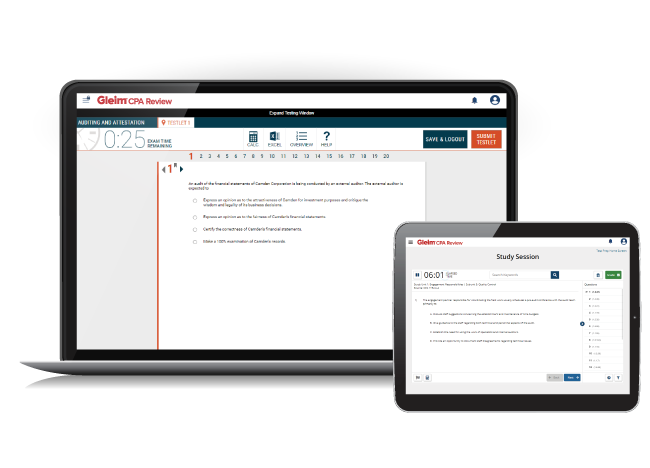 CPA Mega Test Bank showing the interface on a laptop and tablet.