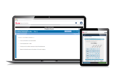 CIA Mega Test Bank showing the interface on a laptop and tablet.