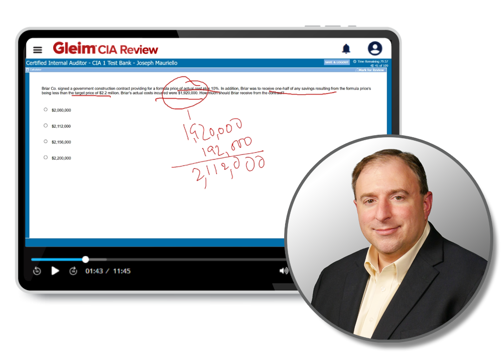 Tablet screen showing Gleim multiple-choice question walkthrough video