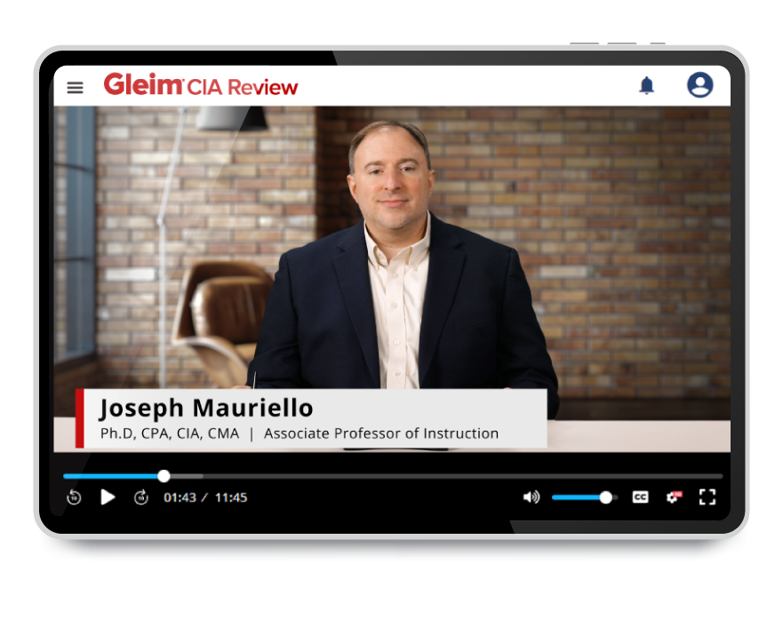 Tablet screen showing Gleim Instruct lecture video