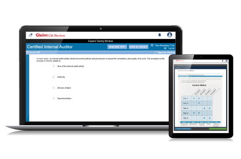 CIA Test Bank showing the Gleim course interface on a laptop and tablet.