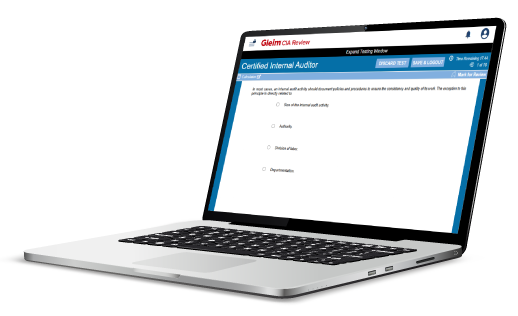 Laptop screen showing Gleim multiple-choice practice question.