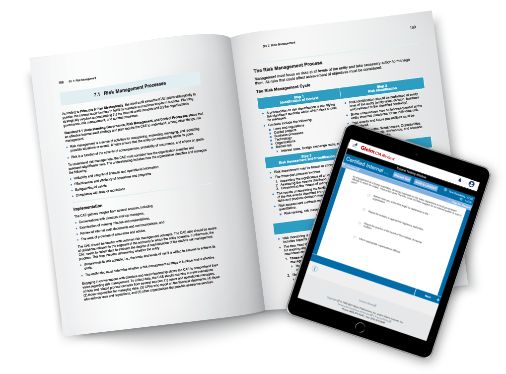 Gleim textbook and tablet screen showing Gleim course material.