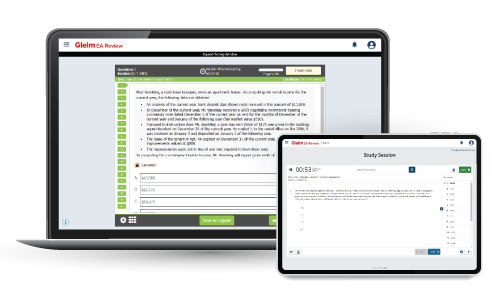 EA Test Bank showing the Gleim course interface on a laptop and tablet.