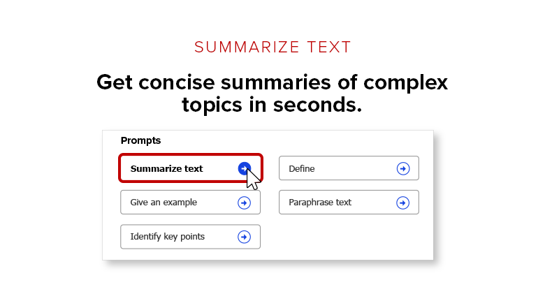Animated GIF providing an overview of the prompts currently available in Prep Pal: Summarize text, give an example, identify key points, define, and paraphrase text.
