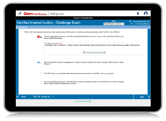 Tablet screen showing Gleim practice question with answer explanations for the right and wrong answer choices.